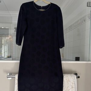 St. John Deep Blue with tonal polkadot Knit dress with leather trim